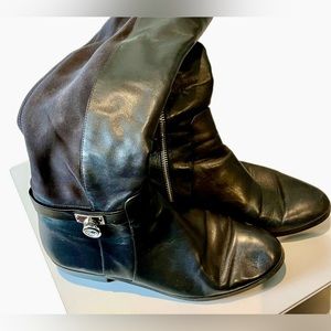 Michael Kors black leather knee high boot w/ stretch fabric on back side, size 8